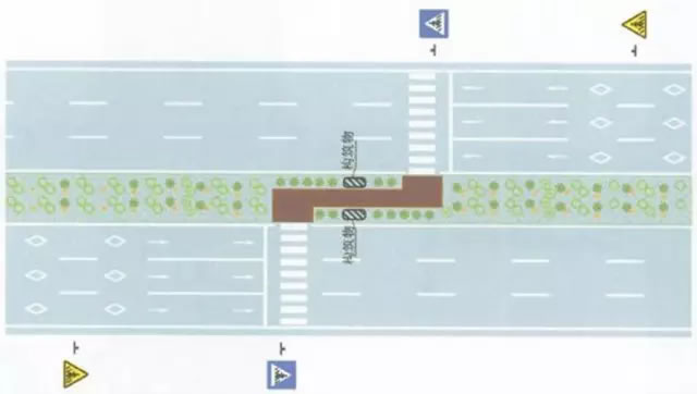 图2 人行横道线错位设置时安全岛设置示例