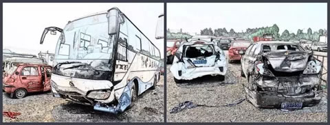 大客车高速撞入事故现场