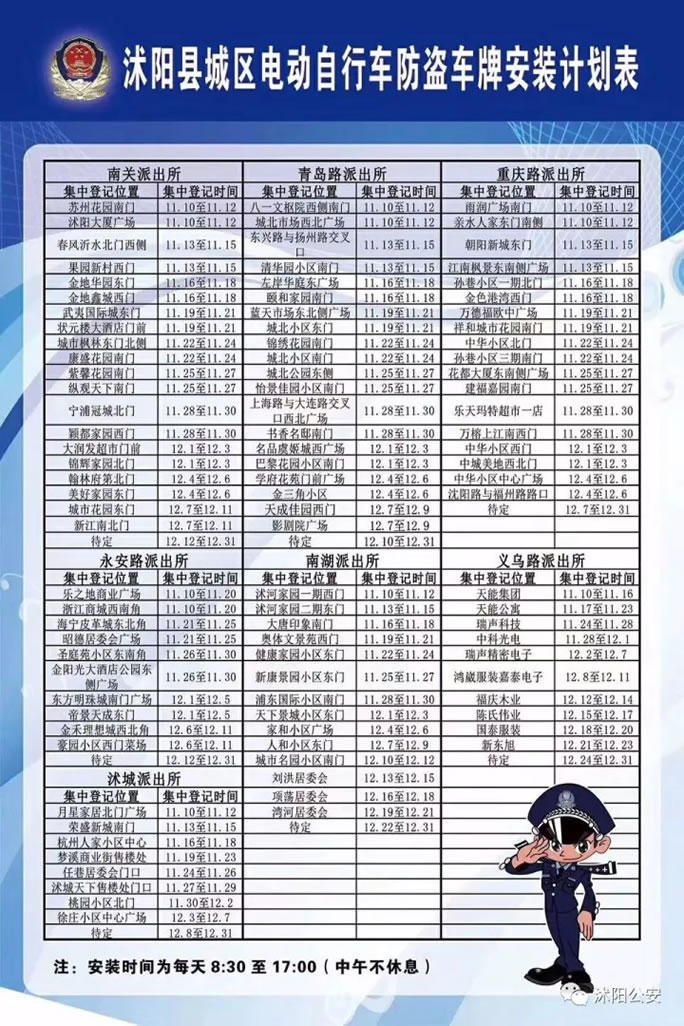 沭阳县电动自行车安装防盗车牌上牌须知（附安装计划表）
