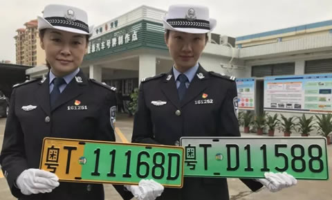 左为大型新能源汽车号牌，右为小型新能源汽车号牌。记者余兆宇摄