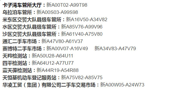 近期乌鲁木齐市各个车管所、检测站、机动车登记服务站车辆号段信息列表查询