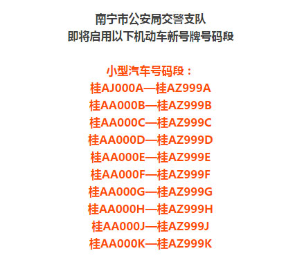 南宁桂AA000B至桂AZ999B等一大批新车牌号段即将启用